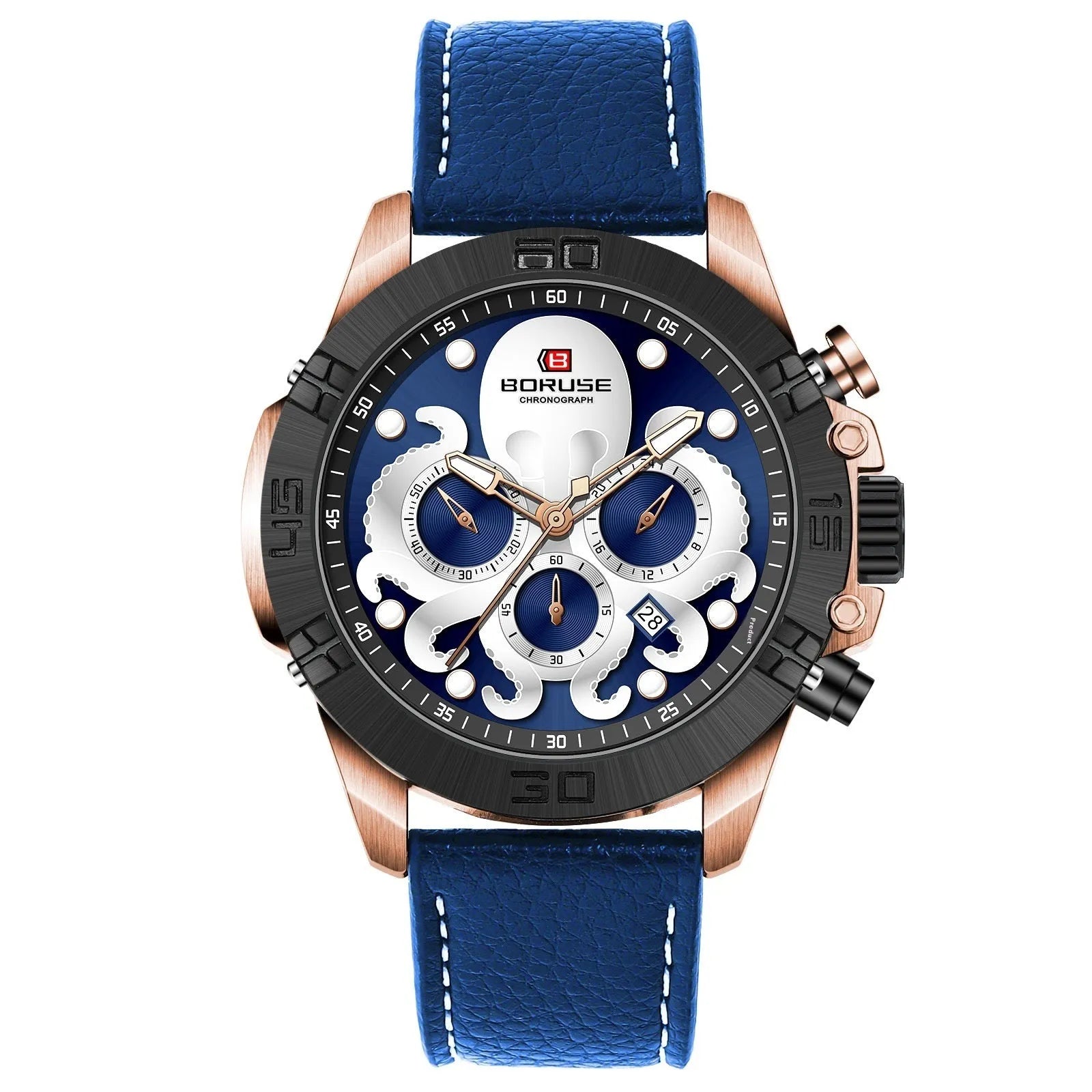 Octopus brand men's waterproof luminous quartz watch with 13mm case in blue or black options