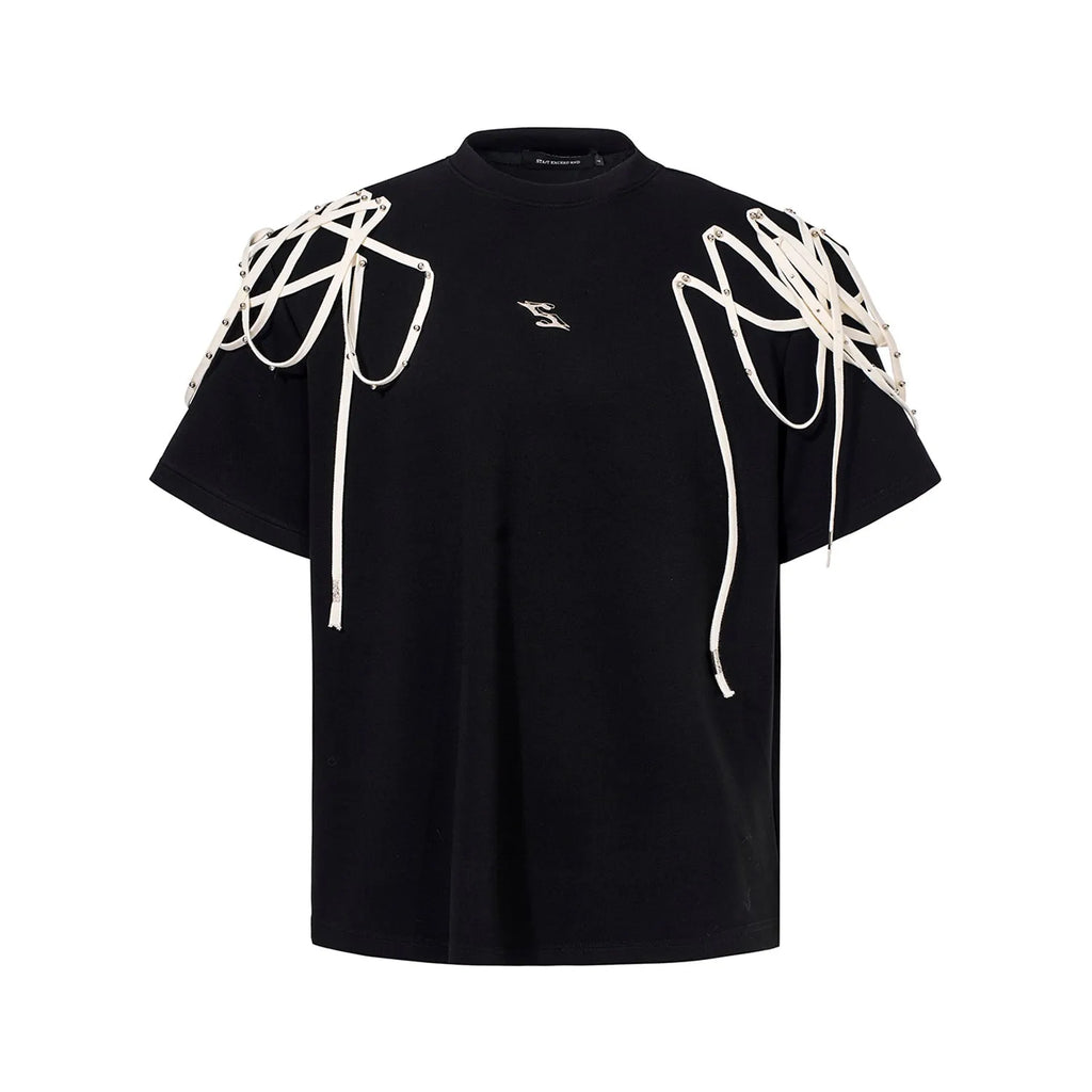 Black loose fit T-shirt with rivet ribbon padded shoulder detailing and short sleeves