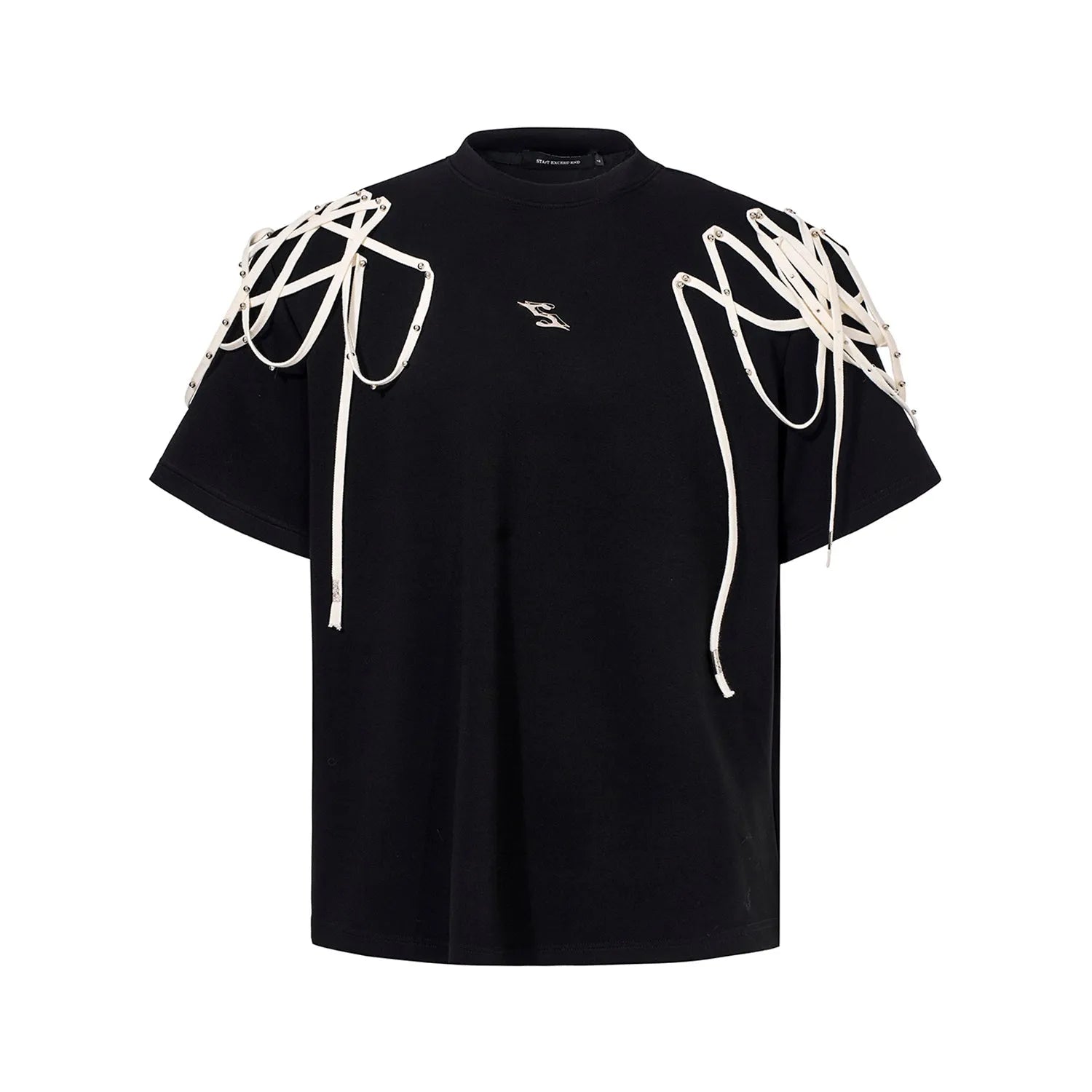 Black loose fit T-shirt with rivet ribbon padded shoulder detailing and short sleeves
