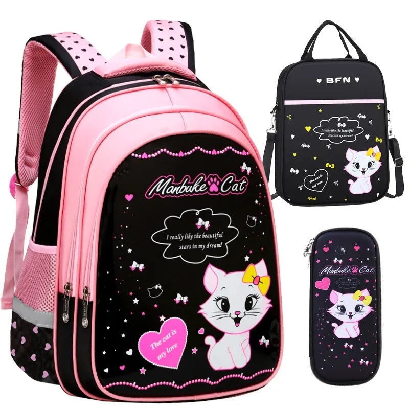 Kids school cute cat print nylon backpack with load-reducing design and computer pocket in pink and black colourway.