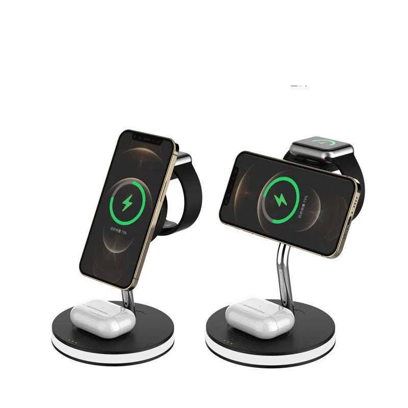 Four in one magnetic wireless charger in black with USB cable and LED light indicator