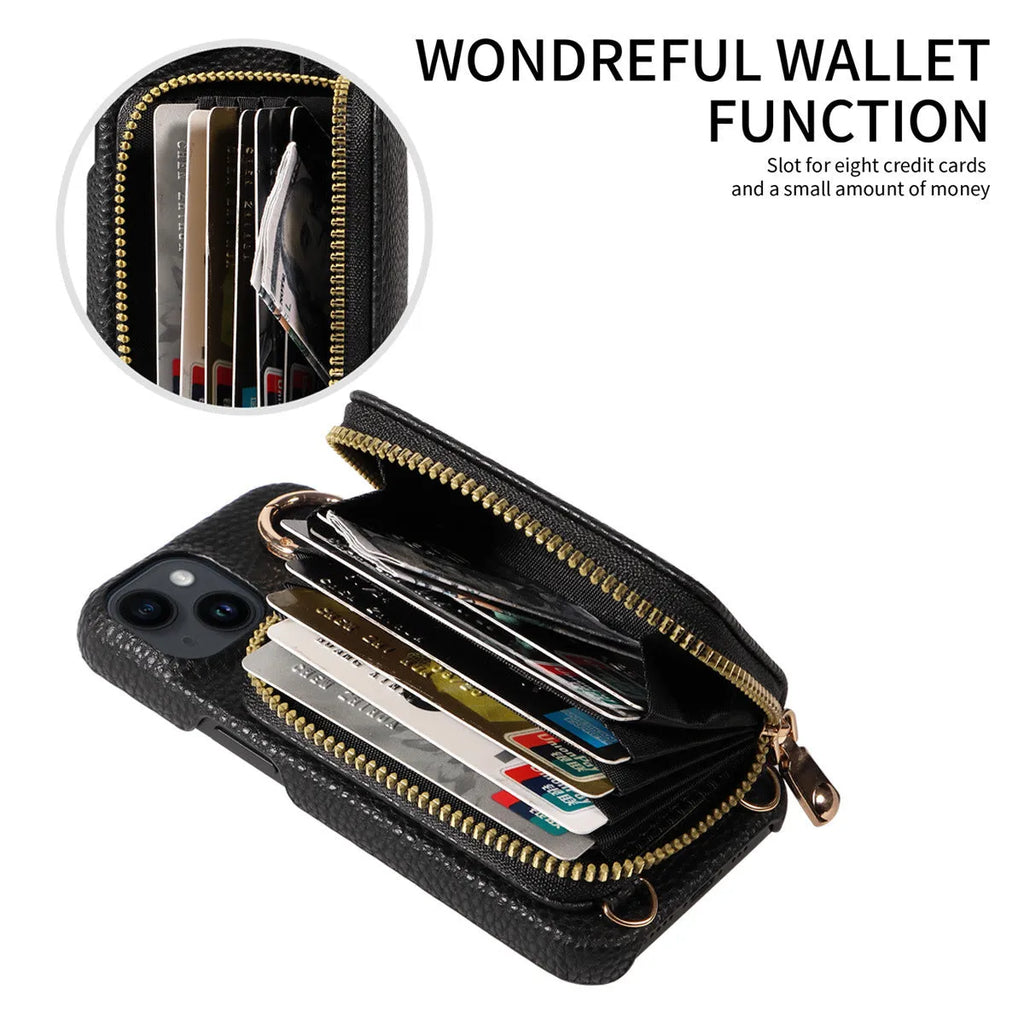 Imitation leather wallet phone case with card slots and crossbody strap, black colour, for iPhone 16 Pro Max