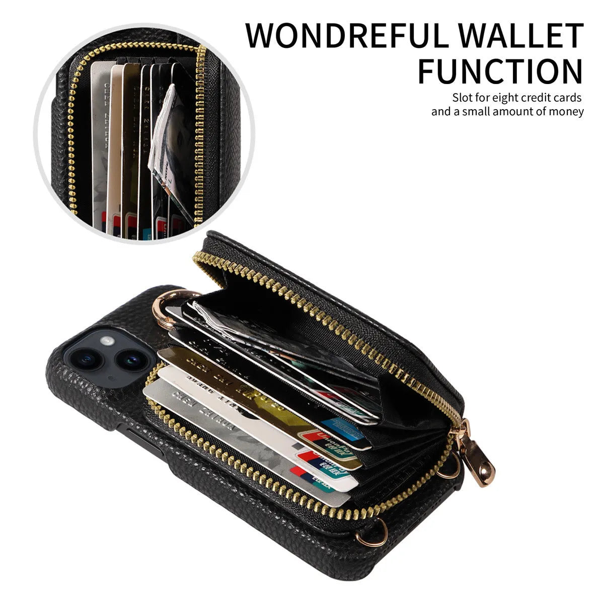Imitation leather wallet phone case with card slots and crossbody strap, black colour, for iPhone 16 Pro Max
