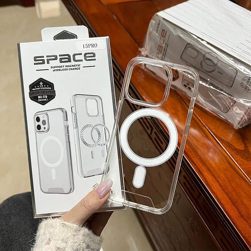Transparent magnetic acrylic phone case for Apple iPhone, shockproof TPU bumper, anti-fingerprint back, electroplated magnetic ring