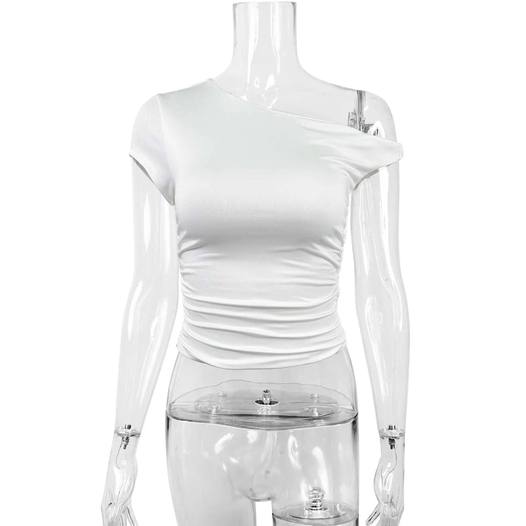 Women's white polyester slim fit top with oblique shoulder neckline and raglan sleeves