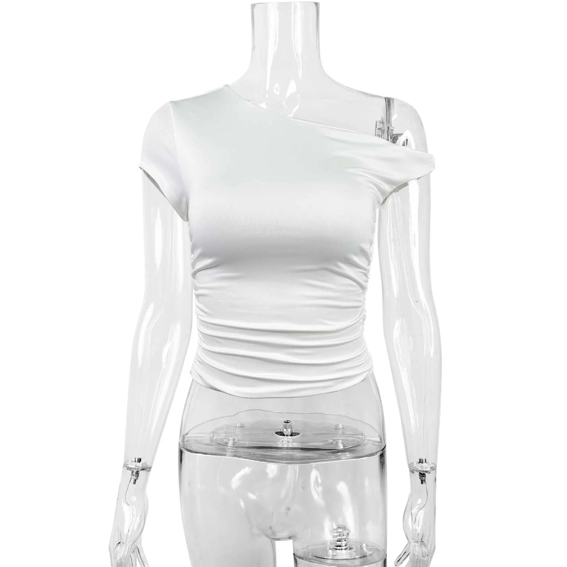 Women's white polyester slim fit top with oblique shoulder neckline and raglan sleeves