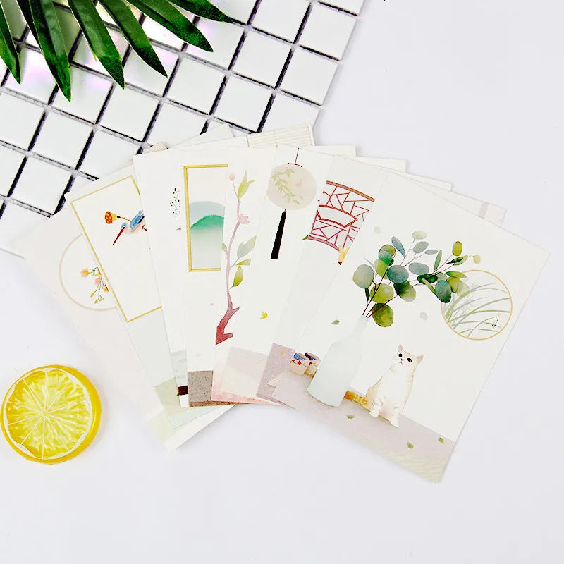 Set of nine minimalist cartoon style postcards depicting global landmarks including a retro Paris tower.
