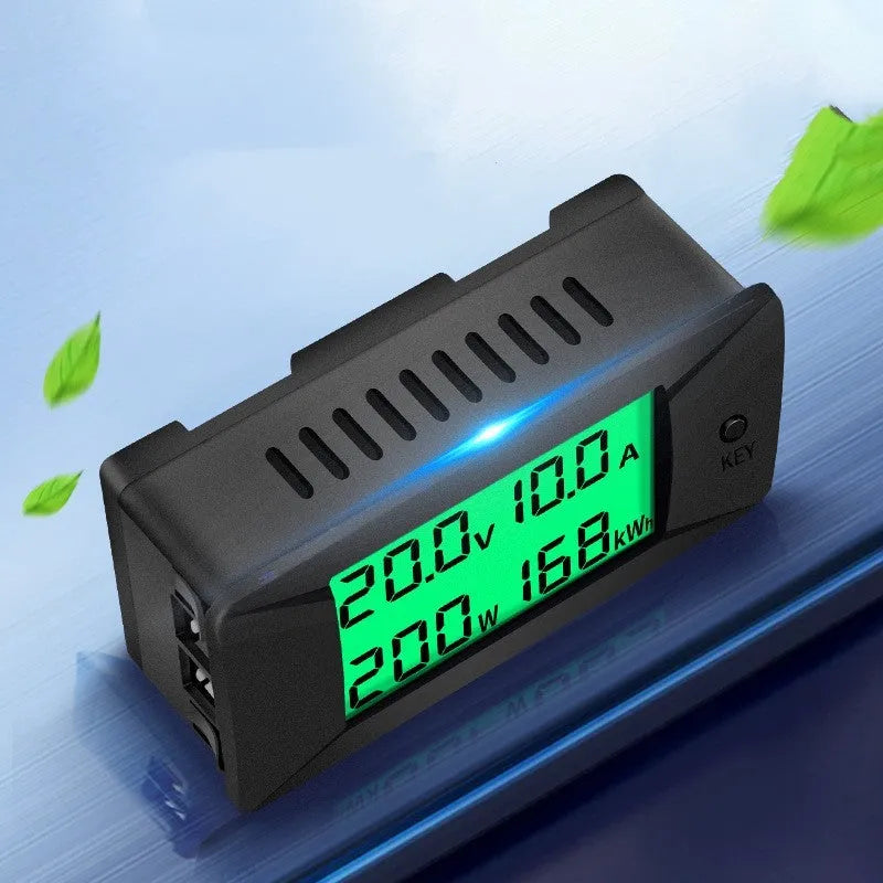 DC digital display voltmeter and ammeter with wiring and wrench for 0-300V measurement.