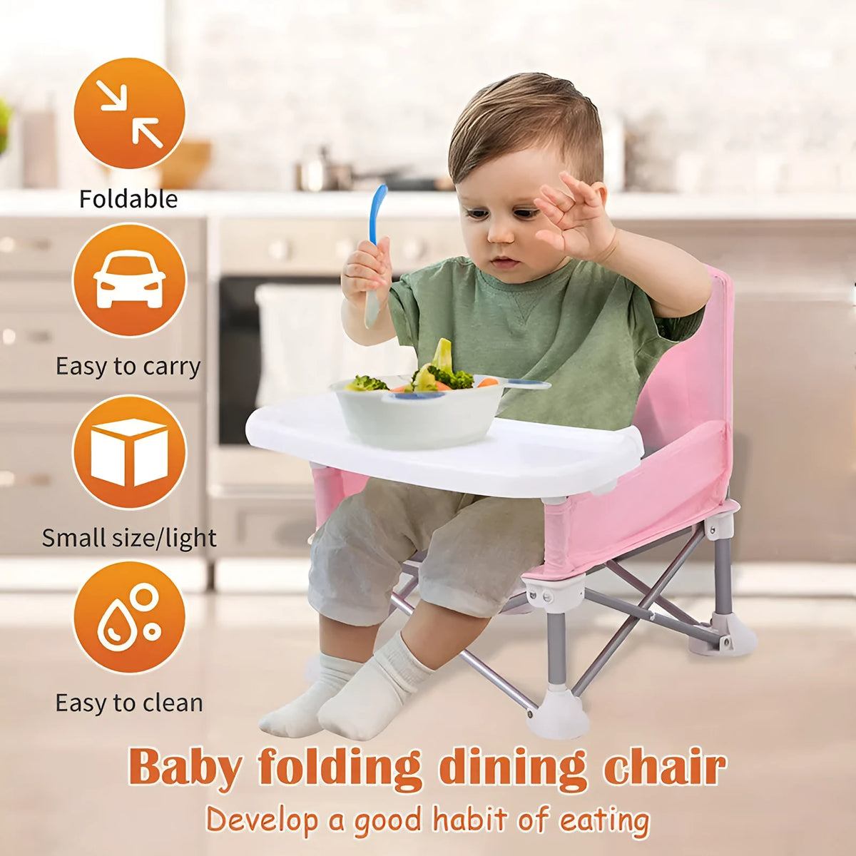 Foldable baby dining chair with safety belt, removable tray, and storage bag in pink