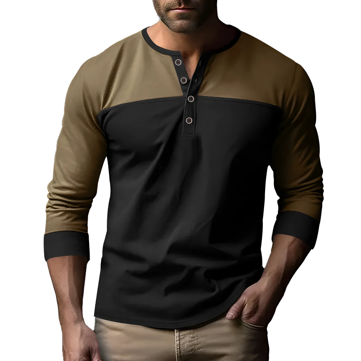 Men's retro colour block long sleeve polyester pullover base shirt in black and brown colourway, loose fit