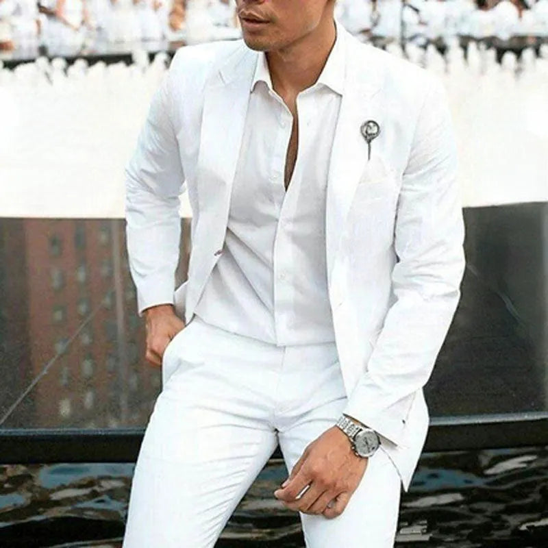 White slim fit men's two-piece wedding suit with acetate fabric construction