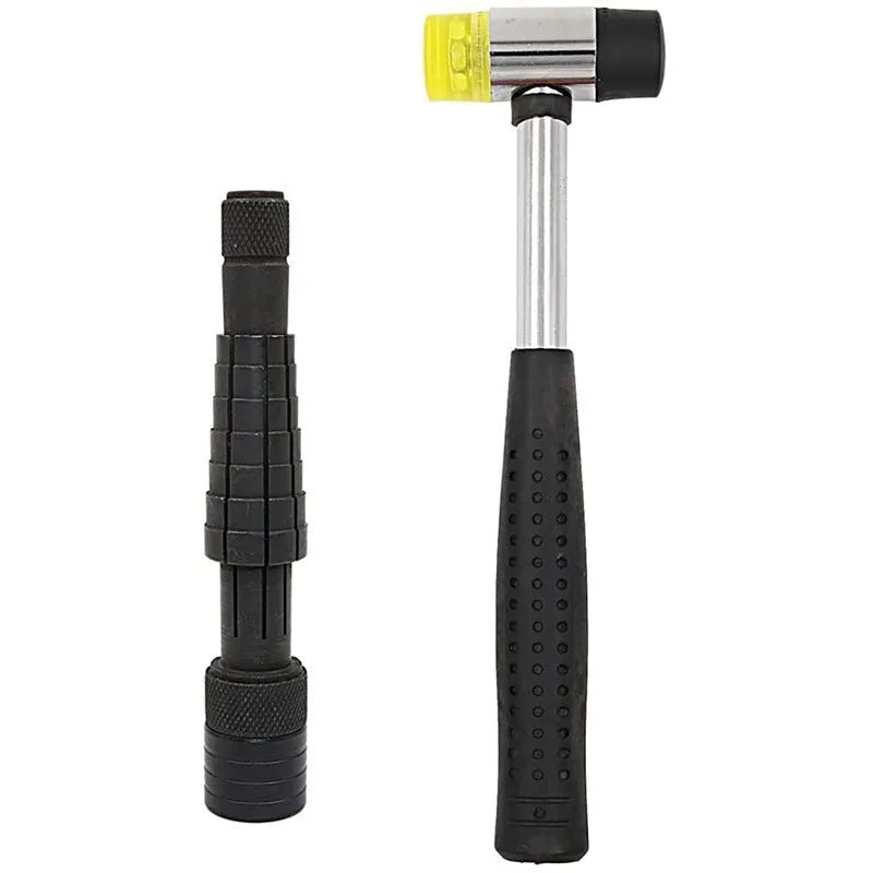 Black ring expansion tool set with base expander and rubber hammer for jewellery resizing