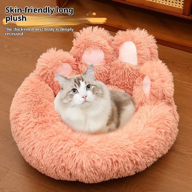 Plush kennel thickened pet bed in coffee colour with hand-shaped brush nest design, 50cm diameter option