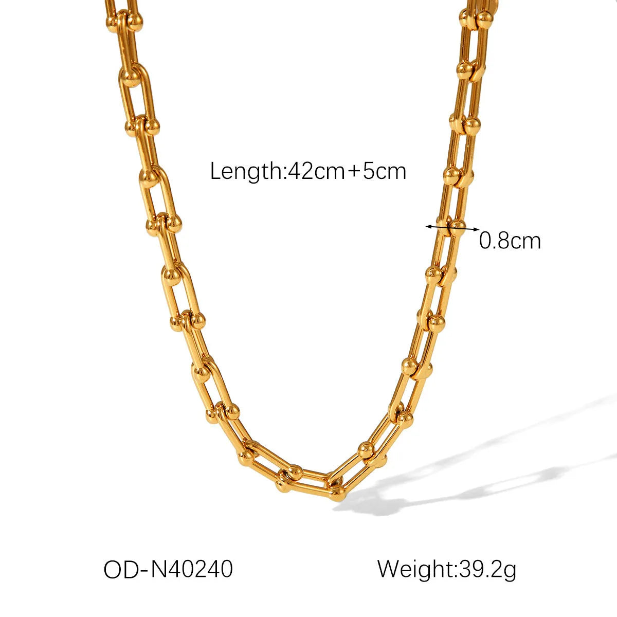Stainless steel horseshoe charm jewellery set showing necklace, bracelet, and earrings with titanium steel pendants on a regular chain.