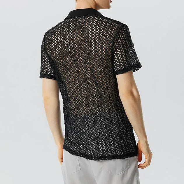 Men's solid colour black polyester jacquard lapel sweater on a model, showing the collar and knit texture