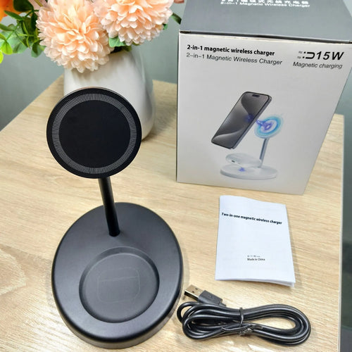 White vertical wireless charging stand holding a smartphone, showing the cooling vent hole on the side.
