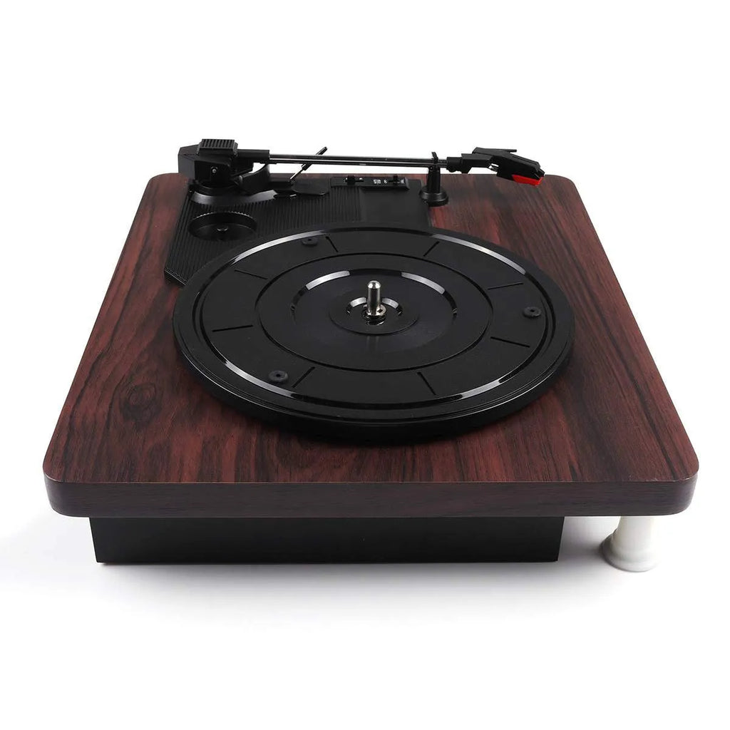 Record player phonograph with compact design, 300x250x100mm, for vinyl playback requiring external amplifier