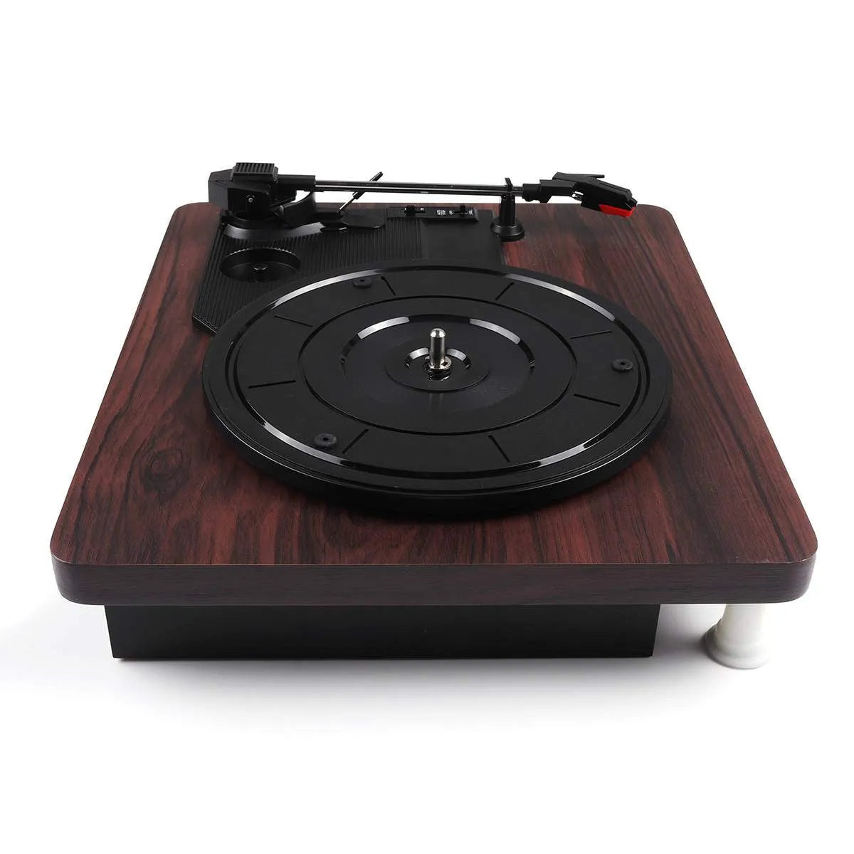 Record player phonograph with compact design, 300x250x100mm, for vinyl playback requiring external amplifier