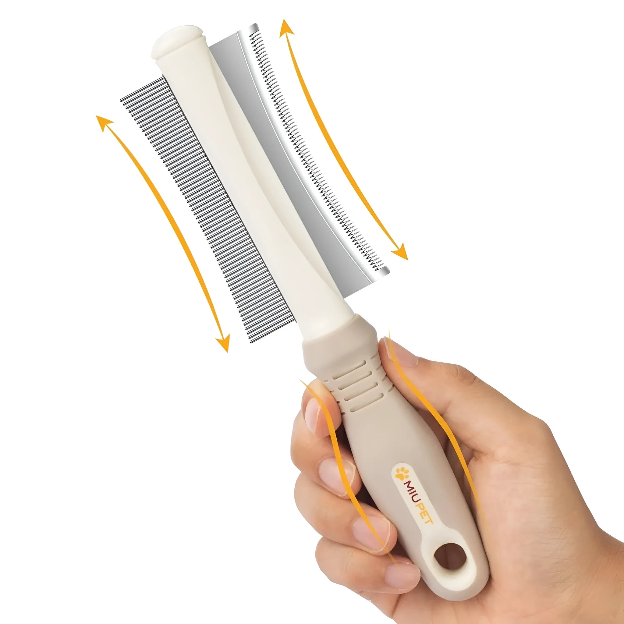 White double-sided dog and cat grooming brush showing curved comb and deshedding blade heads.
