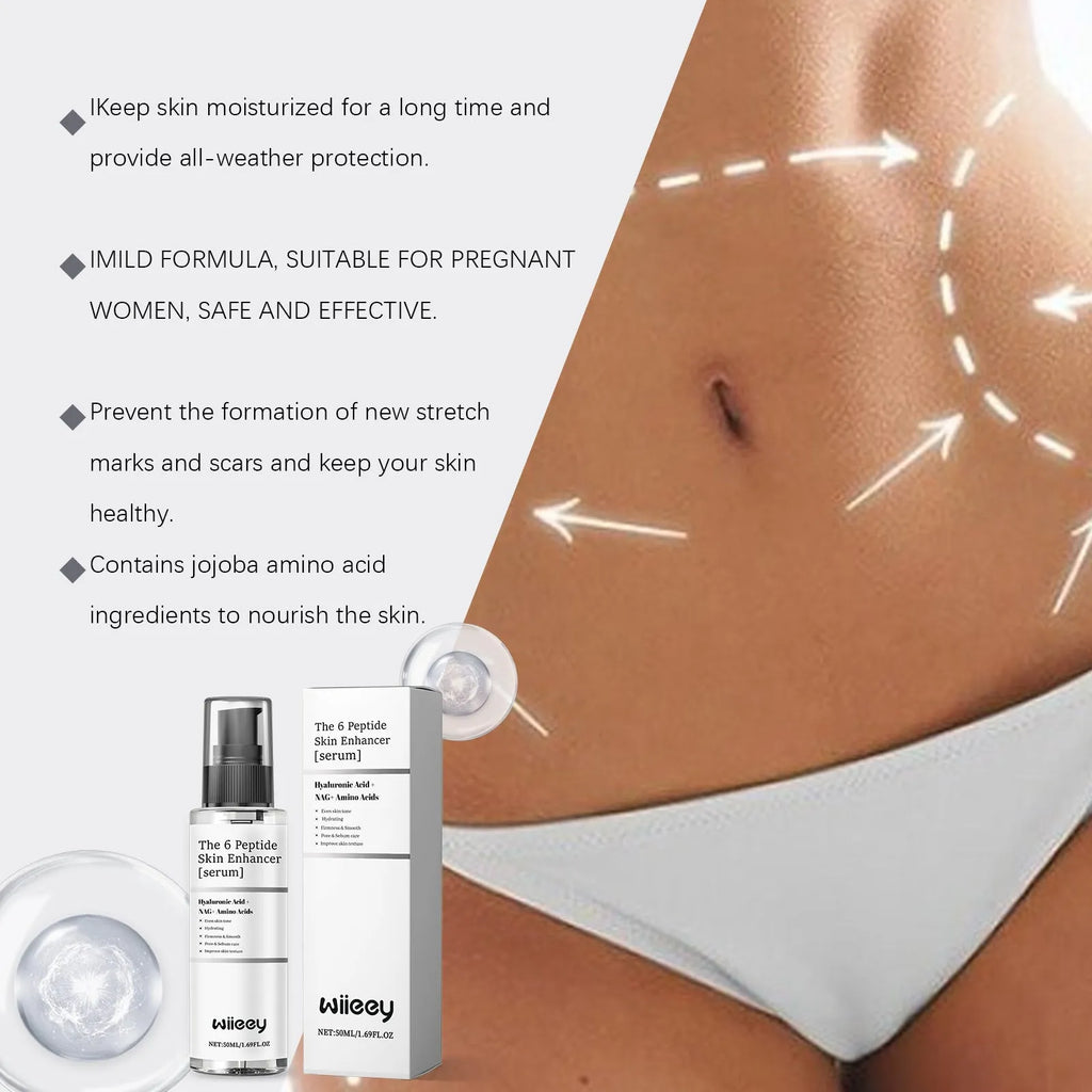 Skin enhancer serum bottle containing 50ml of formula with hyaluronic acid and peptide ingredients