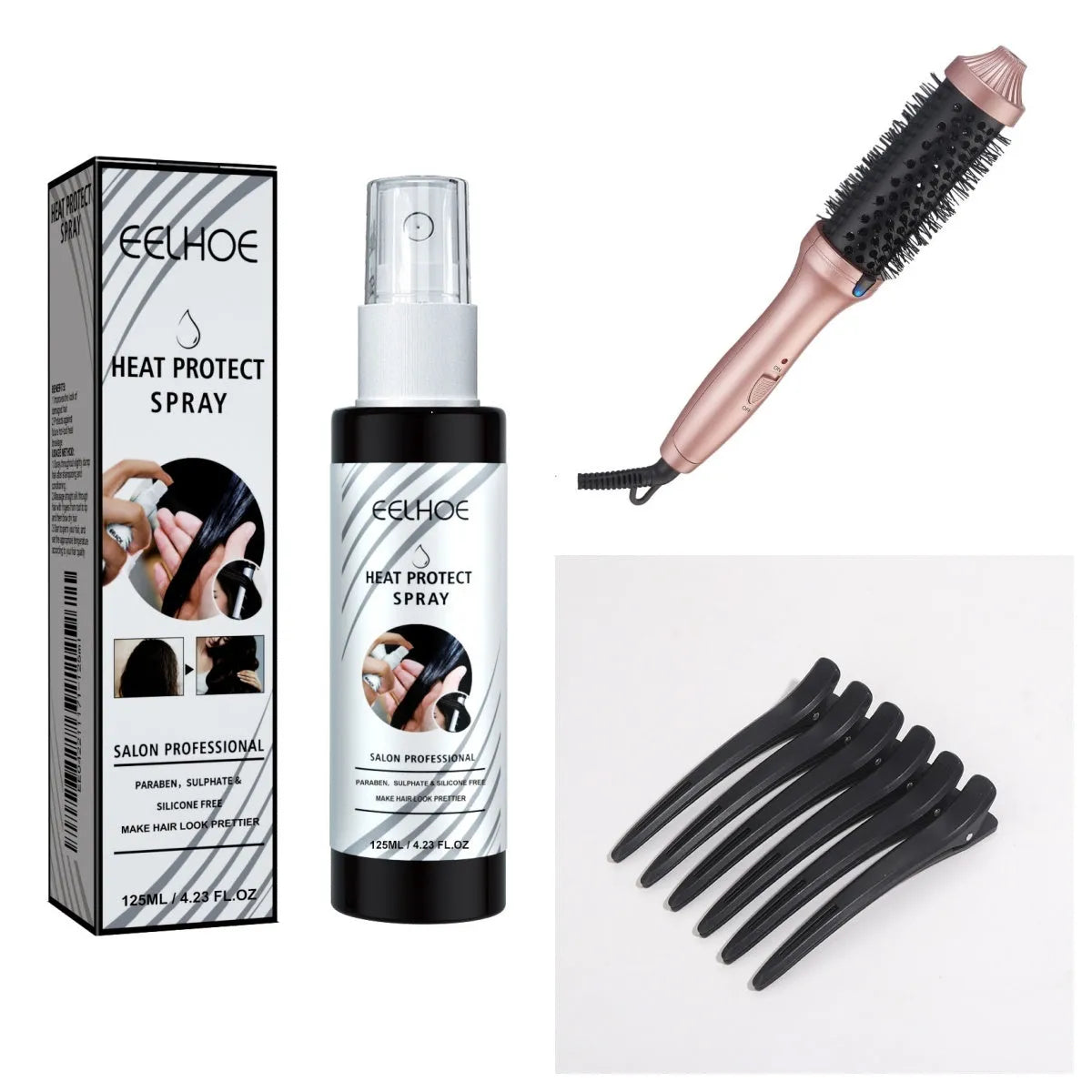 Electric hair styling comb with heat conductor, insulation spray bottle, and plastic sectioning clips