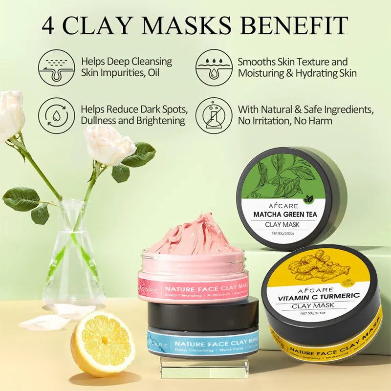 Set of four 80ml clay face mask jars: Dead Sea mud, green tea, turmeric, and rose formulas.
