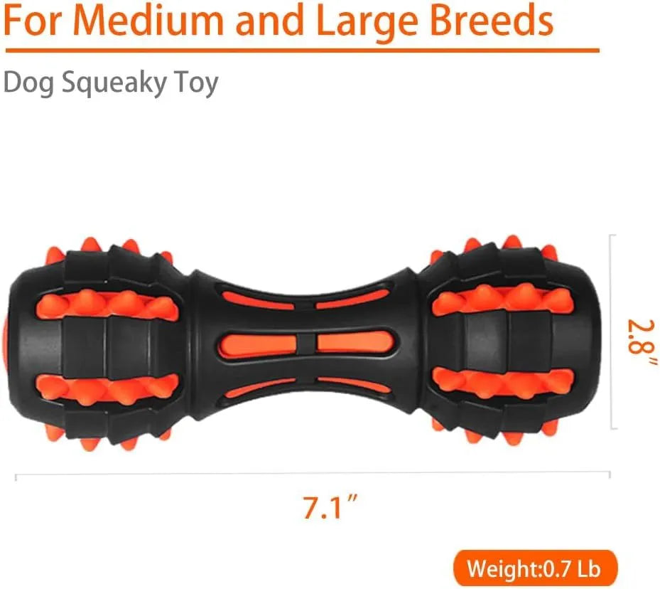 Red dumbbell-shaped dog chew toy for aggressive chewers with double-layer rubber construction
