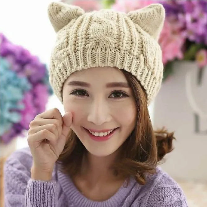Handmade wool knitted beanie with 3D cat ears in multiple colour options