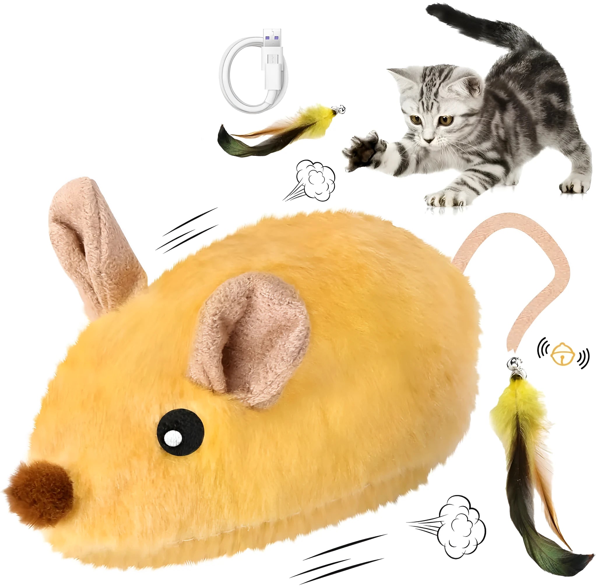 Grey and yellow plush automatic cat toy mouse with feather tail and LED lights