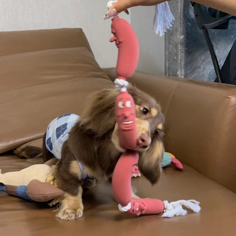 Brown nylon cat toy leash with large sausage segments and a black grip tape handle, shown at full 108cm length.