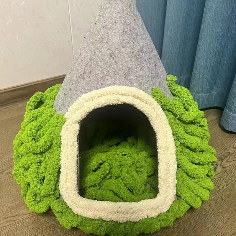 Grey handmade felt cone cat house with 50cm diameter base