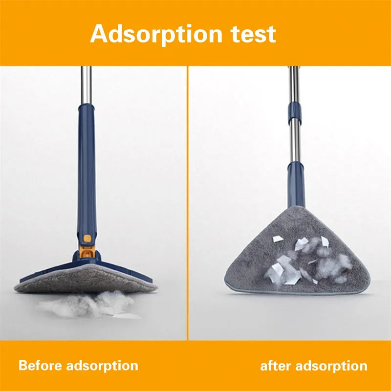 Blue triangle cleaning mop with rotating head and extendable stainless steel pole on a tiled floor