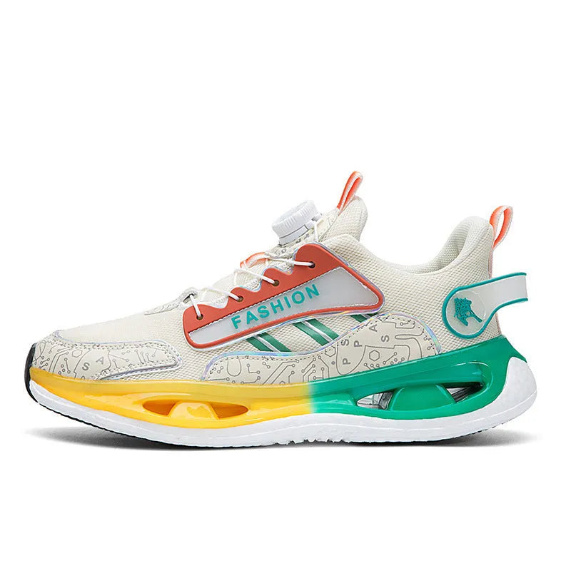 Men's low-top mesh sports shoes in beige orange with an elastic band fastening and a textured Popcorn TPU sole.