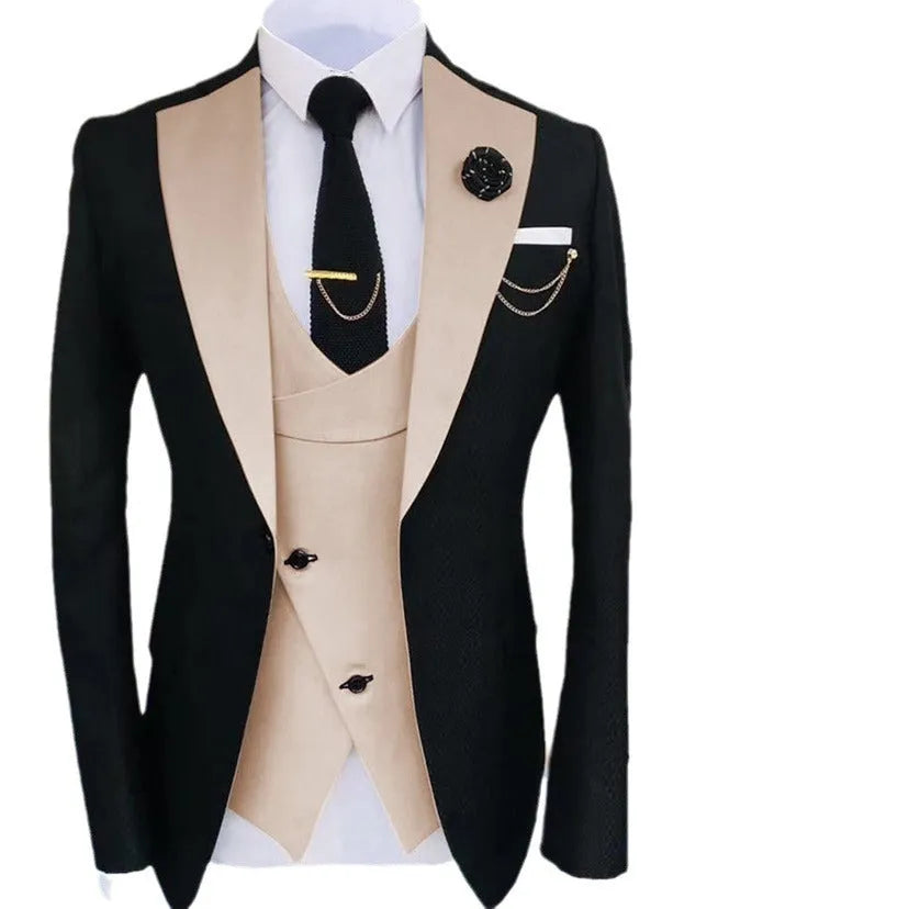 Men's slim fit three-piece suit in a light business style with coat, vest, and trousers