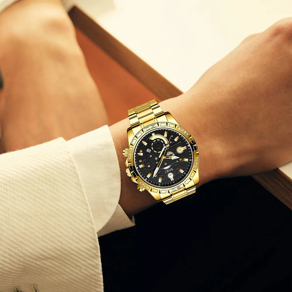 Men's gold-coloured business watch with stainless steel strap and calendar display.