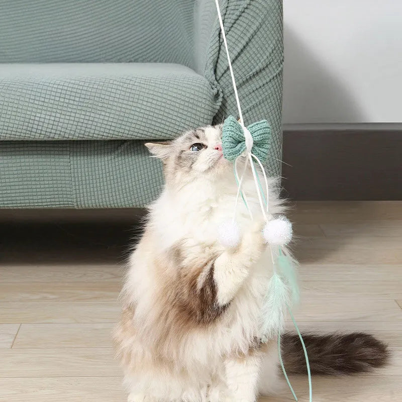Adjustable cat teaser wand with telescopic pole extended to show feather attachments and inflatable ego component