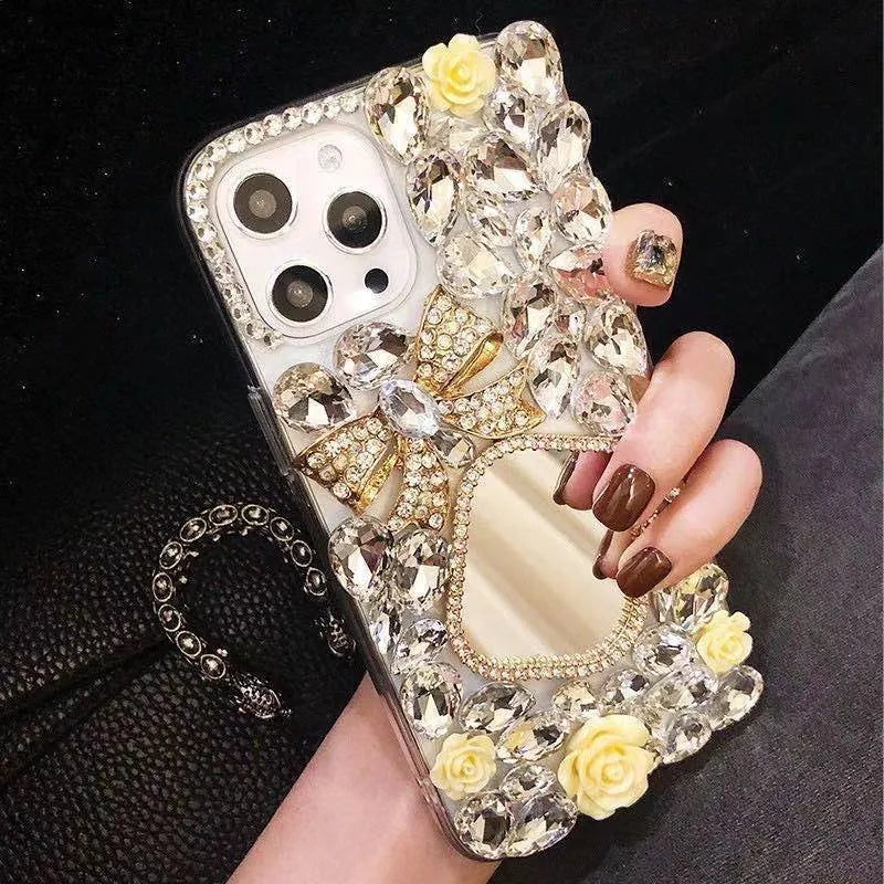 Rhinestone mirror bow silicone phone case for iPhone, aura bright white flower colour, all-inclusive design