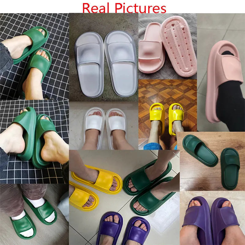 Pair of thick-soled EVA flip-flop slippers in a choice of seven colours, shown on a wet bathroom floor.