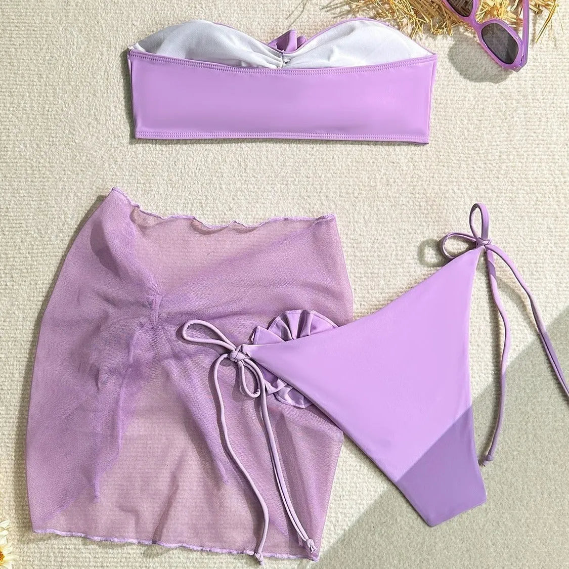 Women's tube top swimsuit set with three-dimensional big flower ties in blue pink purple includes top pants skirt