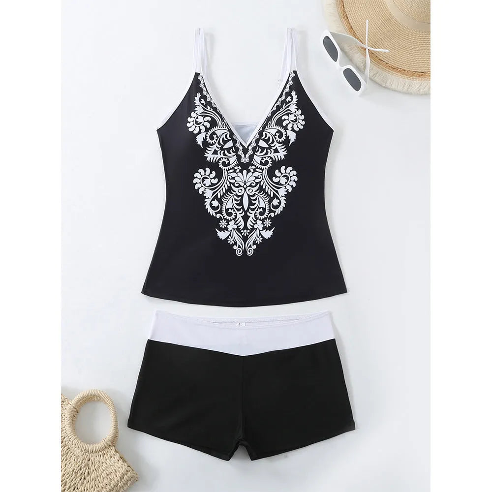 Plus size women's swimsuit set with printed briefs in black or rose red with matching swimming trunks