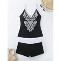 Plus size women's swimsuit set with printed briefs in black or rose red with matching swimming trunks