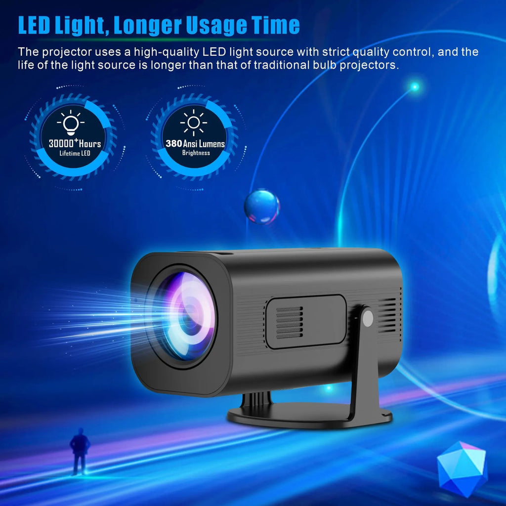 P330 portable mini projector in black or white colour with remote control on a table.