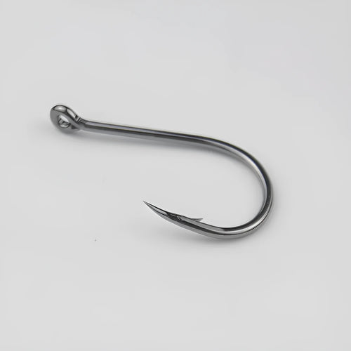 Bulk pack of alloy carbon steel sea fishing hooks with crooked mouth barbed design in various sizes