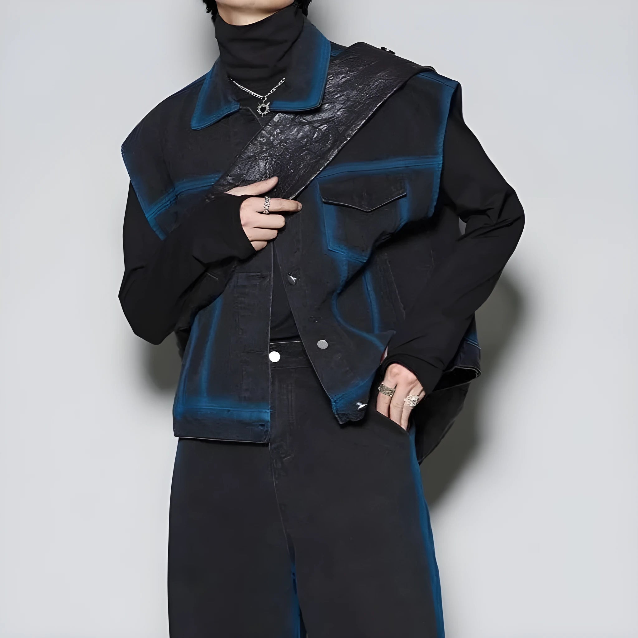 Blue distressed vest and jeans set with colour gradient spray effect and fleece lining