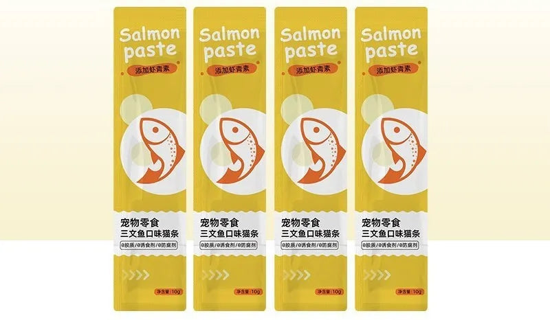 Pack of 10 cat snack strips in four flavour varieties for kittens.