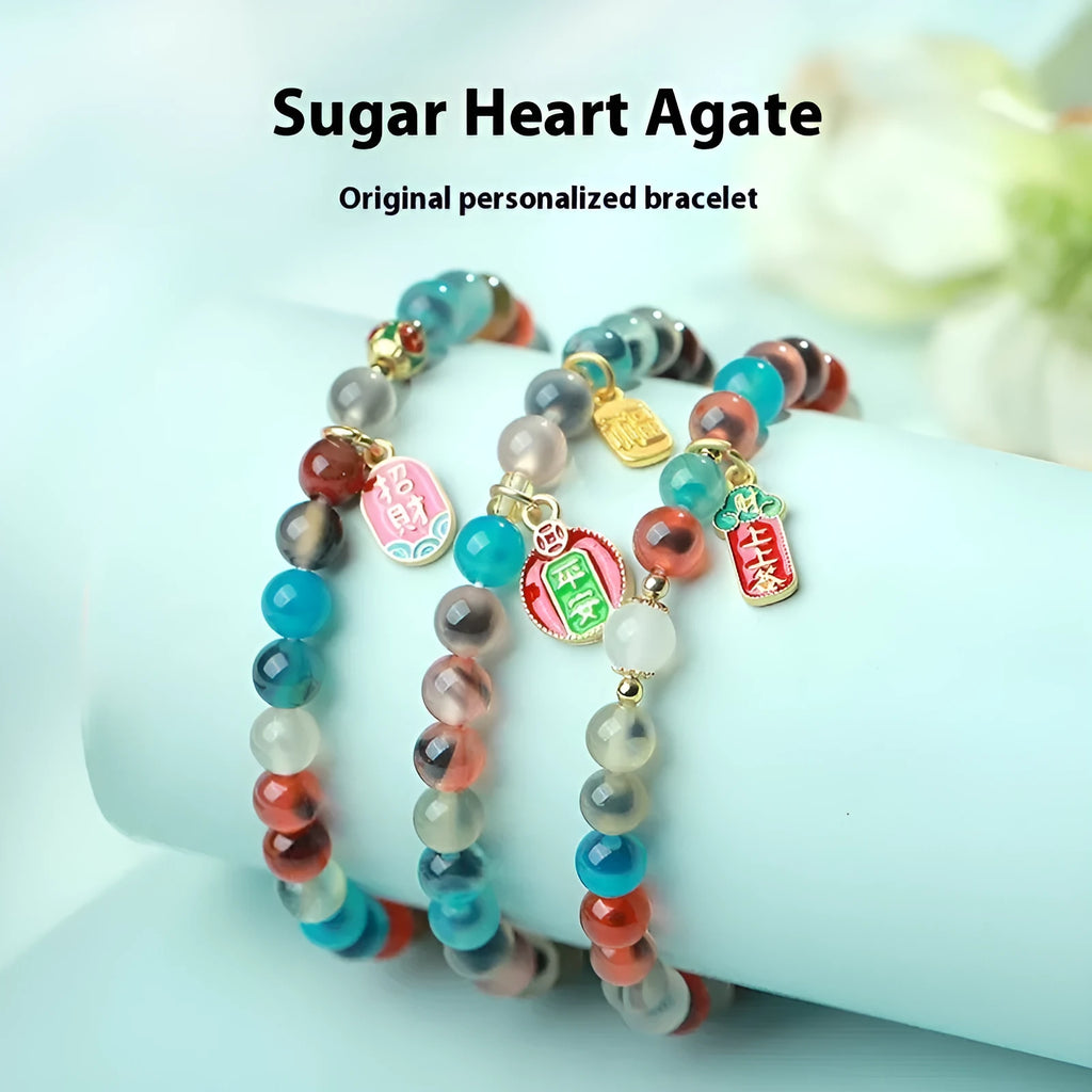 Natural colourful sugar heart agate and copper coin coloured glaze snake bracelet for women with traditional Chinese patterns