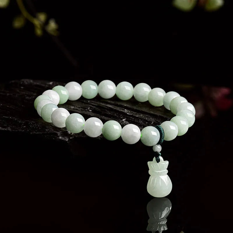 Ice jade bracelet with 8mm flower-shaped jade purse charm in national style