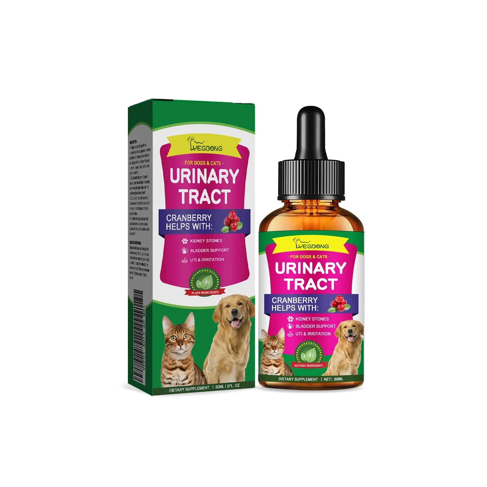 60ml pet pain relief drops bottle with botanical extracts measuring 3.2 by 11.5cm