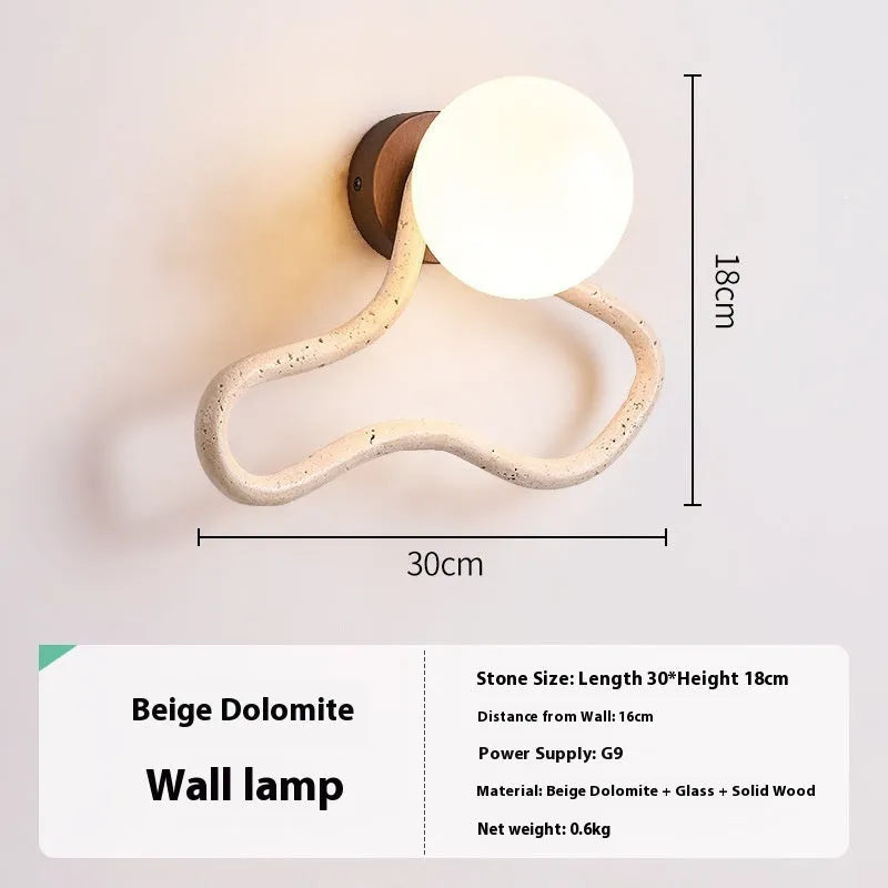 Middle ancient style bedside wall lamp with white travertine glass shade and solid wood base
