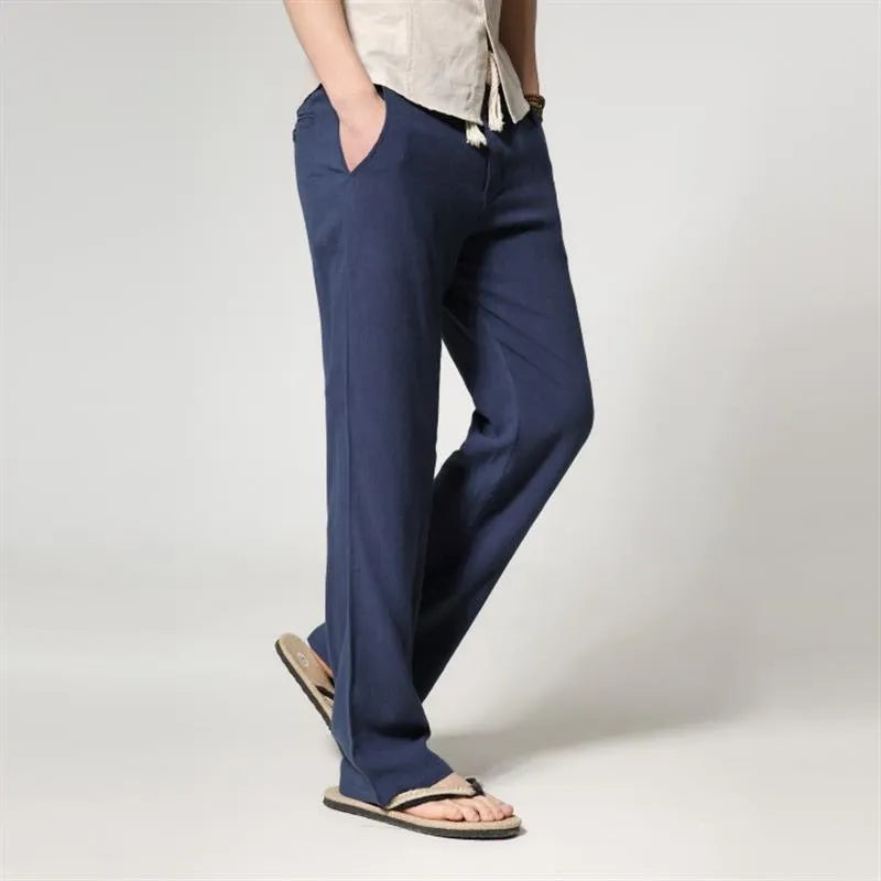 Men's straight leg casual trousers in a cotton linen blend, shown in a solid colour with a loose fit.